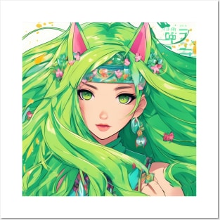 Manga Magic Whimsical Anime Girl Green Hair Pose Posters and Art